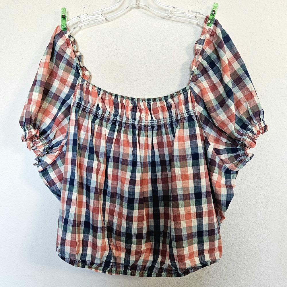 Mod Cloth Cropped ,plaid off The Shoulder Rockabilly Blouse.red And Blue